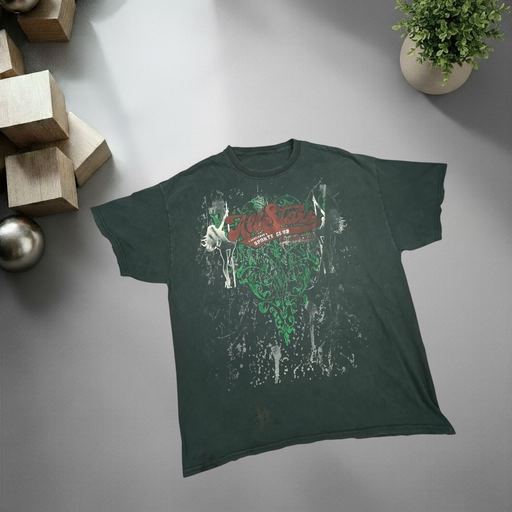 Vintage‎ All Stars Sports Club Graphic Tee Y2K Grunge Distressed Black Shirt
